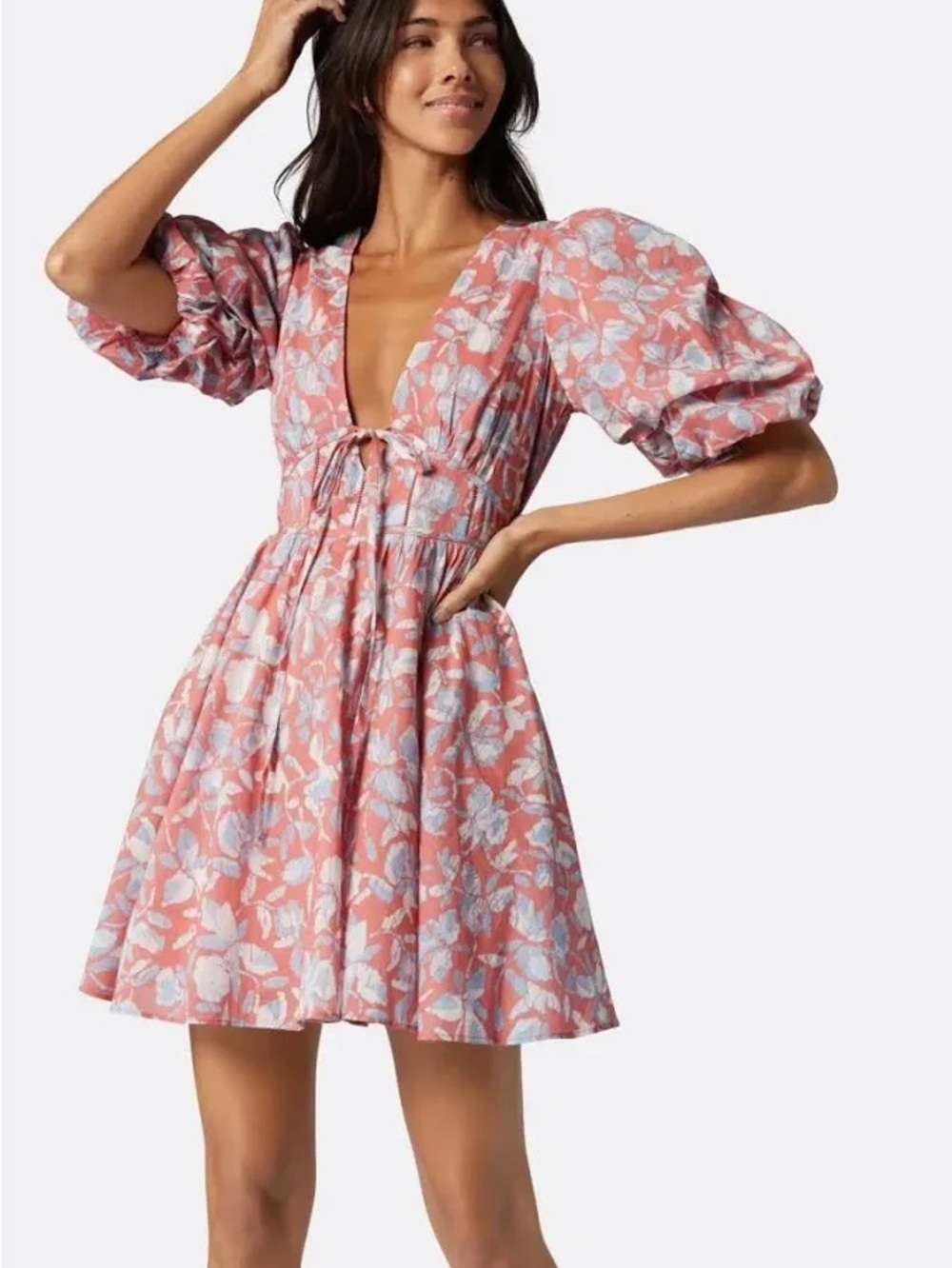 Joie Rose-Red Floral Tie-Front Puff Sleeve Mini Dress
